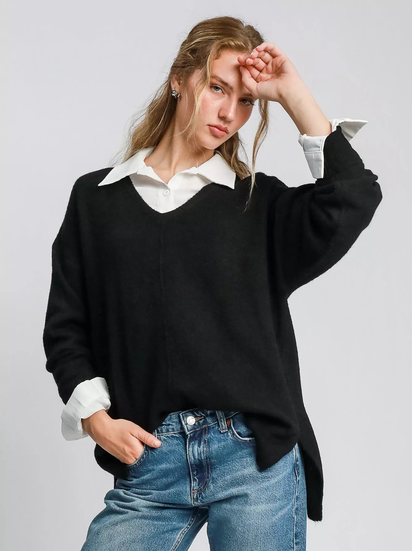 Umgee Womens Sweater Black Wool Blended Basic V Neck Oversized Pullover Black Umgee_Womens_Sweater_Black_Wool_Blended_Basic_V_Neck_Oversized_Pullover Trendsi