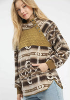 Umgee Womens Sweater Brown Aztec Print Sherpa High Neck Snap Pullover Brown Umgee_Womens_Sweater_Brown_Aztec_Print_Sherpa_High_Neck_Snap_Pullover Trendsi
