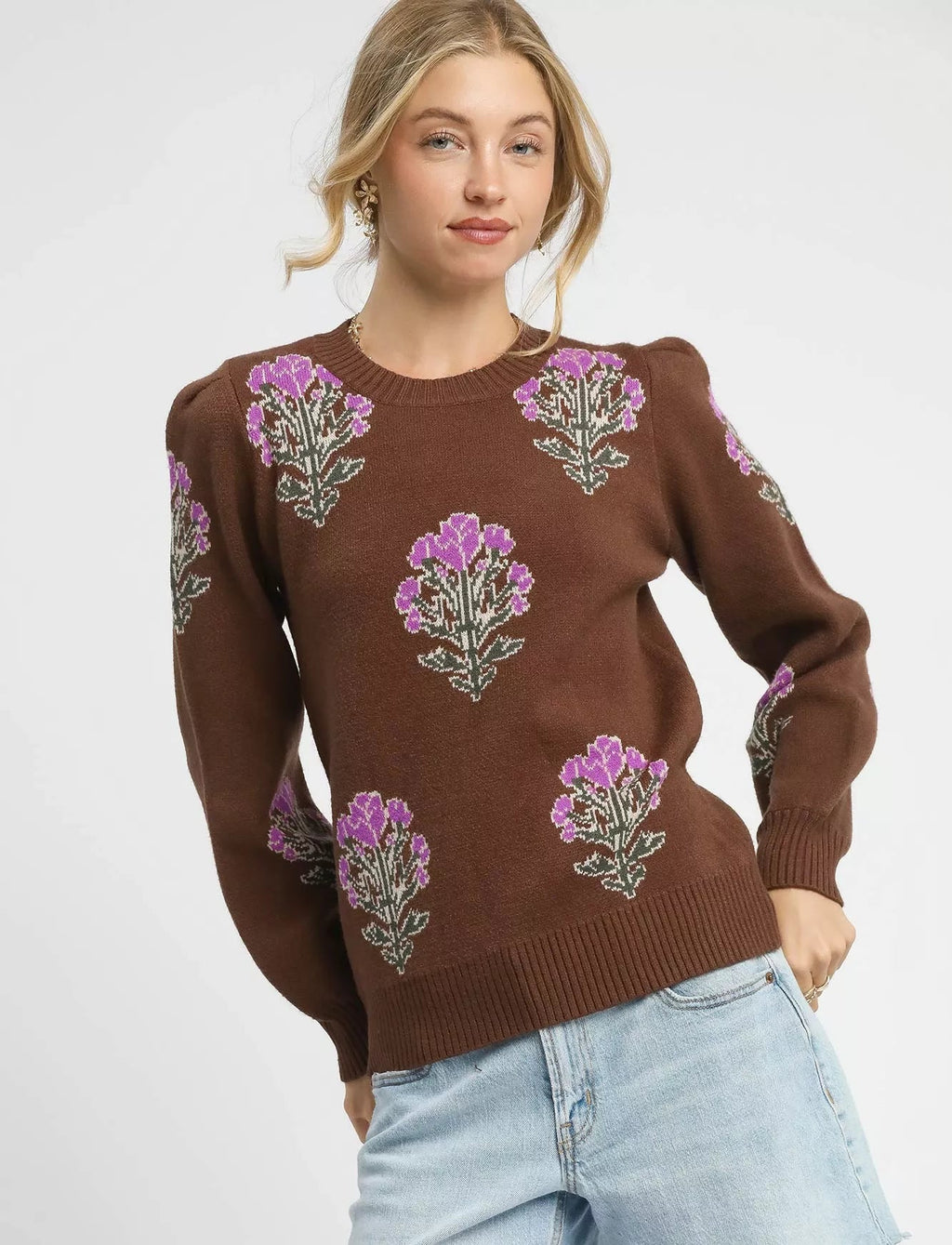 Umgee Womens Sweater Brown Jacquard Single Flower Stem Knit Pullover Brown Umgee_Womens_Sweater_Brown_Jacquard_Single_Flower_Stem_Knit_Pullover Trendsi
