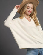 Umgee Womens Sweater Cream V-Neck with Wide Trim Detail Pullover Cream Umgee_Womens_Sweater_Cream_V-Neck_with_Wide_Trim_Detail_Pullover Trendsi