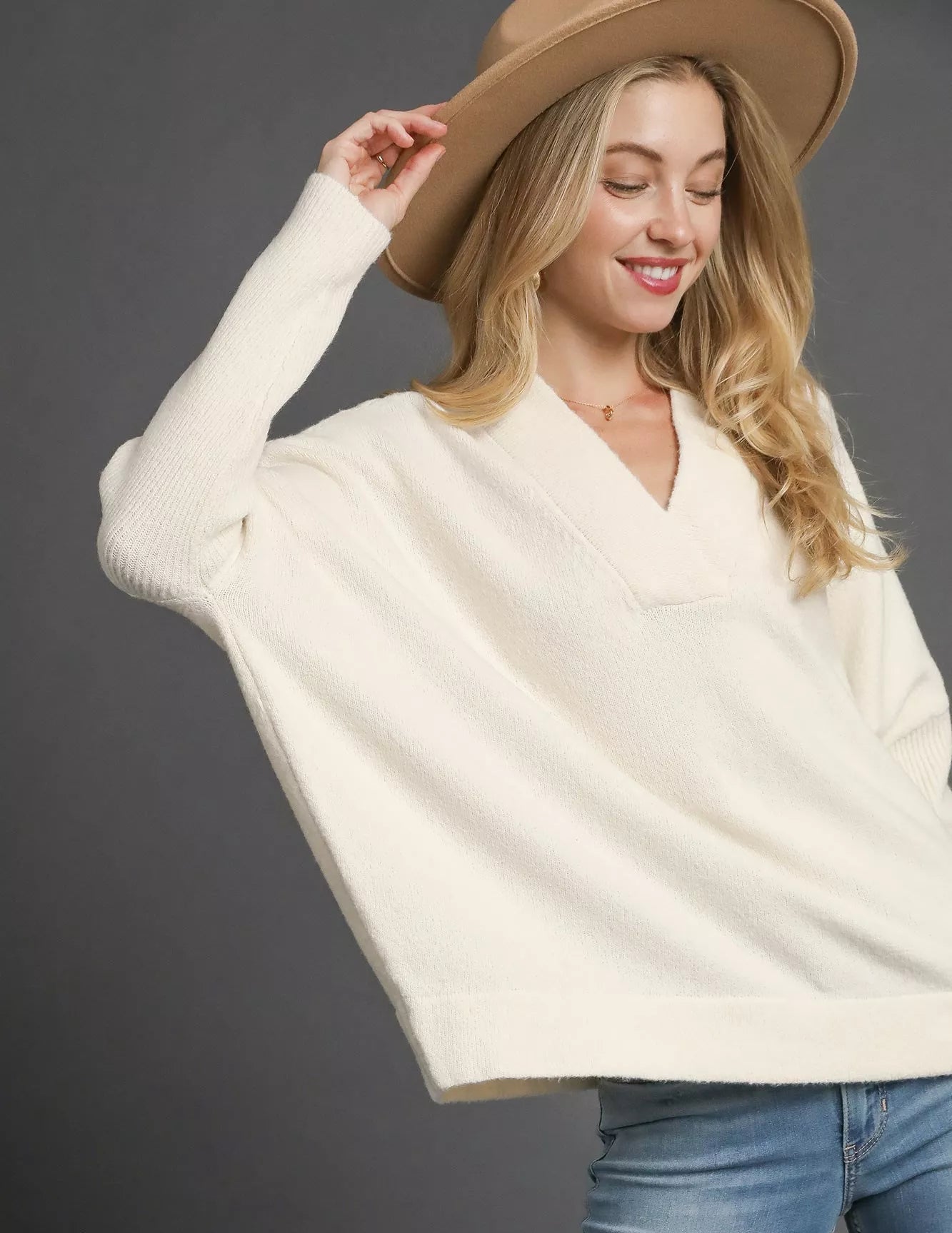 Umgee Womens Sweater Cream V-Neck with Wide Trim Detail Pullover Cream