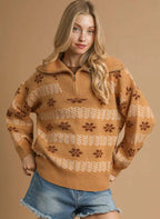 Umgee Womens Sweater Floral Patterned Jacquard Taupe Quarter-Zip Pullover TAUPE Umgee_Womens_Sweater_Floral_Patterned_Jacquard_Taupe_Quarter-Zip_Pullover Trendsi