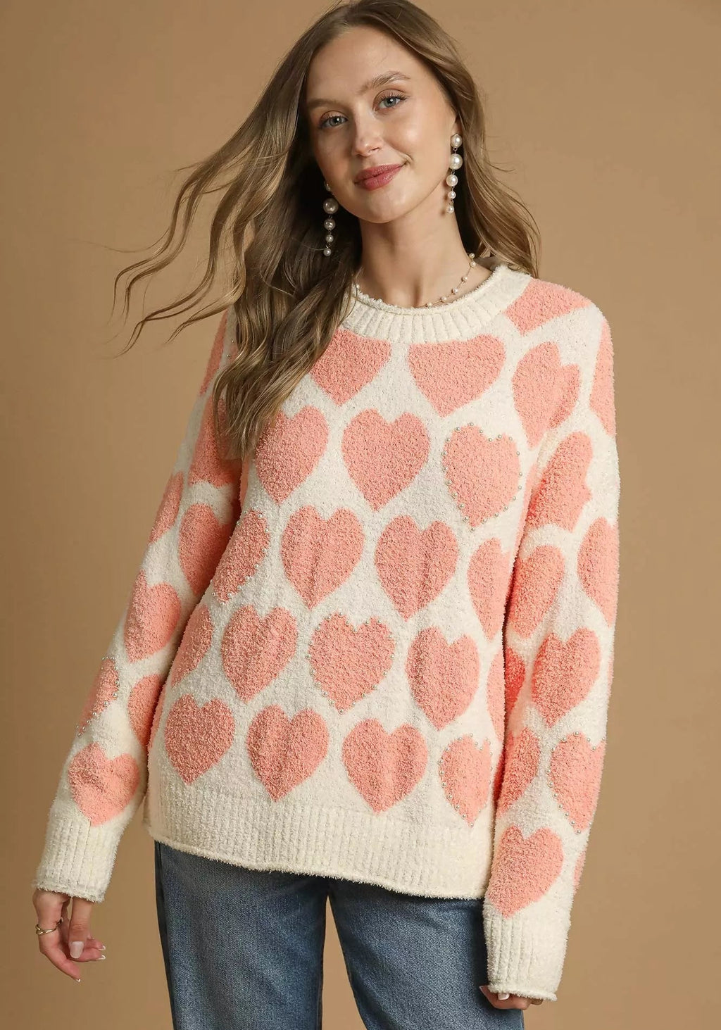 Umgee Womens Sweater Heart Cream Pink Mix Pearl Pattern Accent CREAM MIX Umgee_Womens_Sweater_Heart_Cream_Pink_Mix_Pearl_Pattern_Accent Trendsi