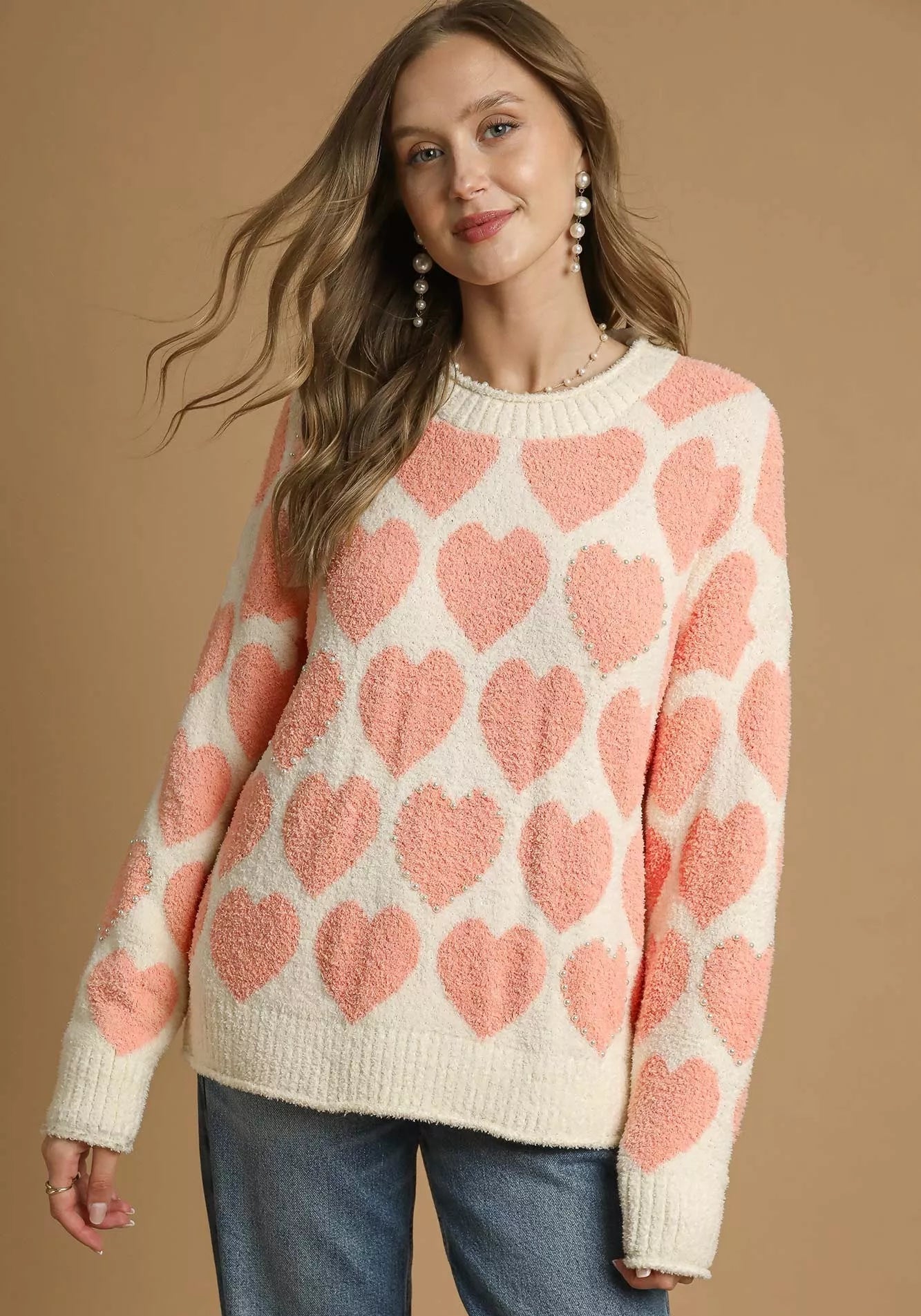 Umgee Womens Sweater Heart Cream Pink Mix Pearl Pattern Accent CREAM MIX Umgee_Womens_Sweater_Heart_Cream_Pink_Mix_Pearl_Pattern_Accent Trendsi