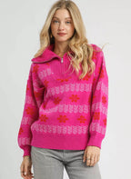 Umgee Womens Sweater Hot Pink Floral Patterned Jacquard Quarter-Zip Pullover HOT PINK Umgee_Womens_Sweater_Hot_Pink_Floral_Patterned_Jacquard_Quarter-Zip_Pullover Trendsi