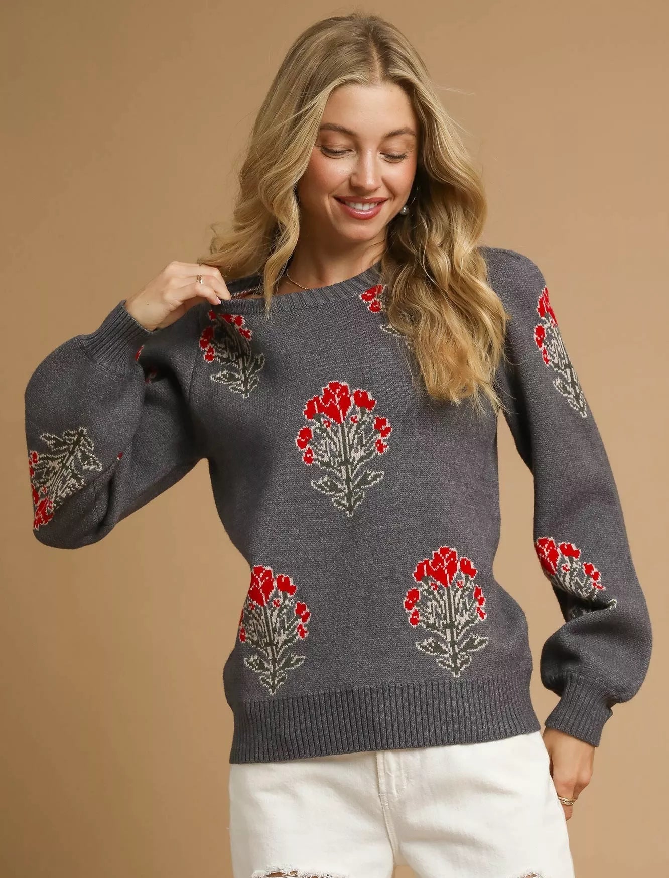 Umgee Womens Sweater Jacquard Gray Single Flower Stem Knit Pullover CHARCOAL Umgee_Womens_Sweater_Jacquard_Gray_Single_Flower_Stem_Knit_Pullover Trendsi
