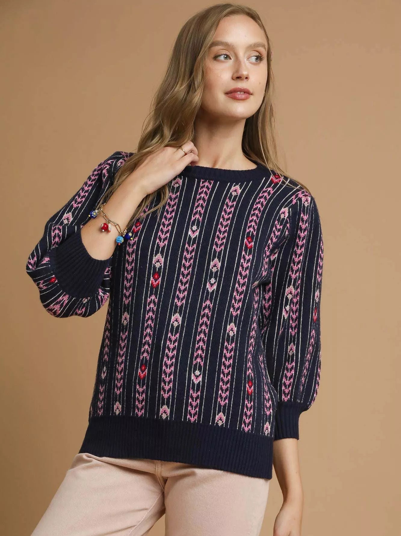 Umgee Womens Sweater Jacquard Knit Midnight Bue Puff Sleeve Pullover MIDNIGHT Umgee_Womens_Sweater_Jacquard_Knit_Midnight_Bue_Puff_Sleeve_Pullover Trendsi