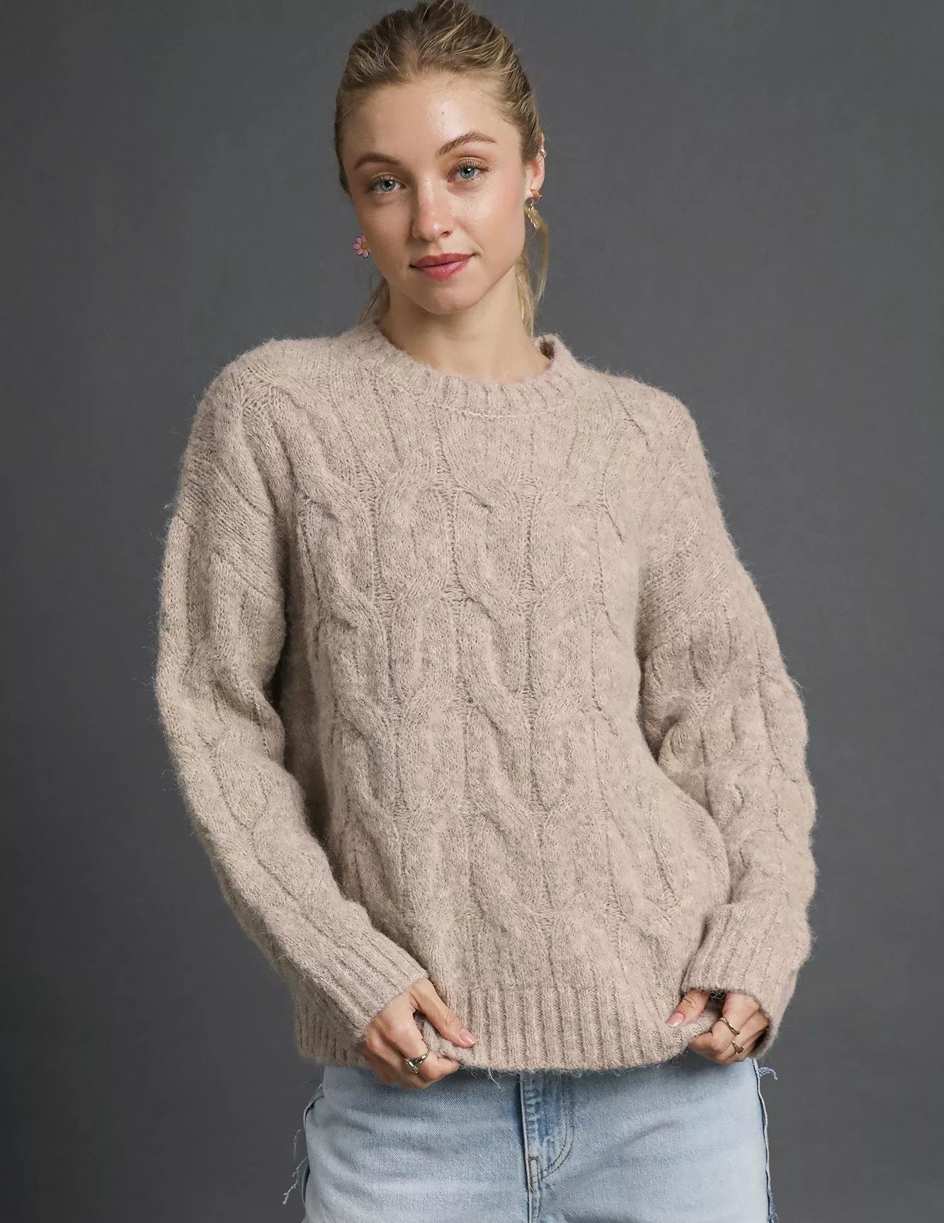 Umgee Womens Sweater Khaki Stone Cable Knit Cozy Cable Knit Pullover STONE Umgee_Womens_Sweater_Khaki_Stone_Cable_Knit_Cozy_Cable_Knit_Pullover Trendsi