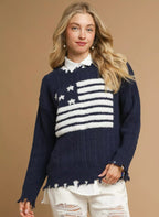 Umgee Womens Sweater Navy American Flag Distressed Knit Pullover Navy Umgee_Womens_Sweater_Navy_American_Flag_Distressed_Knit_Pullover Trendsi