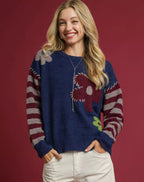 Umgee Womens Sweater Navy Flower Jacquard Striped Long Sleeve Pullover Navy Umgee_Womens_Sweater_Navy_Flower_Jacquard_Striped_Long_Sleeve_Pullover Trendsi