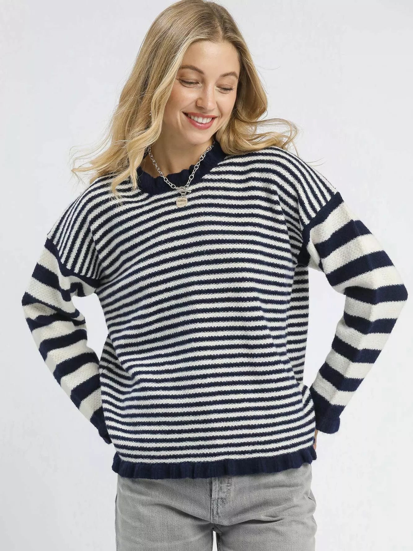 Umgee Womens Sweater Navy Striped Ruffle Neck Loose Pullover Navy Umgee_Womens_Sweater_Navy_Striped_Ruffle_Neck_Loose_Pullover Trendsi