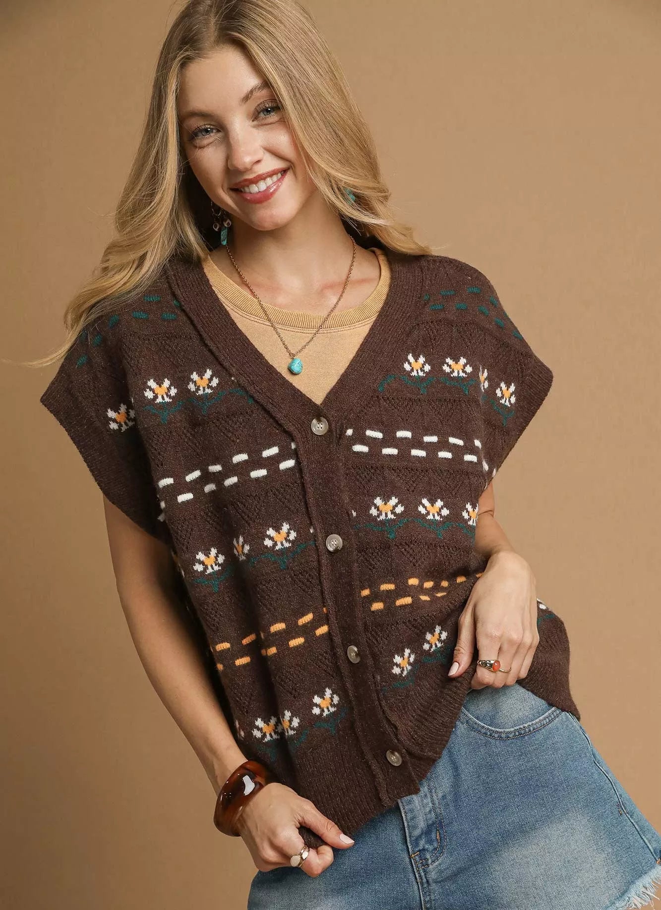 Umgee Womens Sweater Vest Brown Knit with Floral Pattern BROWN Umgee_Womens_Sweater_Vest_Brown_Knit_with_Floral_Pattern Trendsi