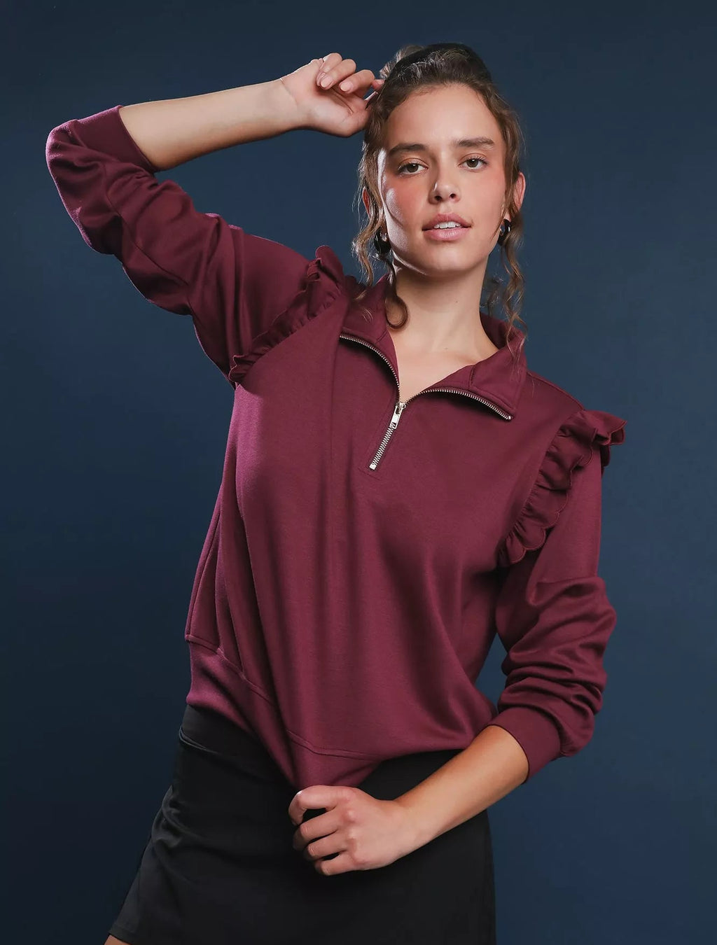 Umgee Womens Sweatshirt Luxeknit Ruffle Shoulder Quarter-Zip Burgundy Top BURGUNDY Umgee_Womens_Sweatshirt_Luxeknit_Ruffle_Shoulder_Quarter-Zip_Burgundy_Top Trendsi
