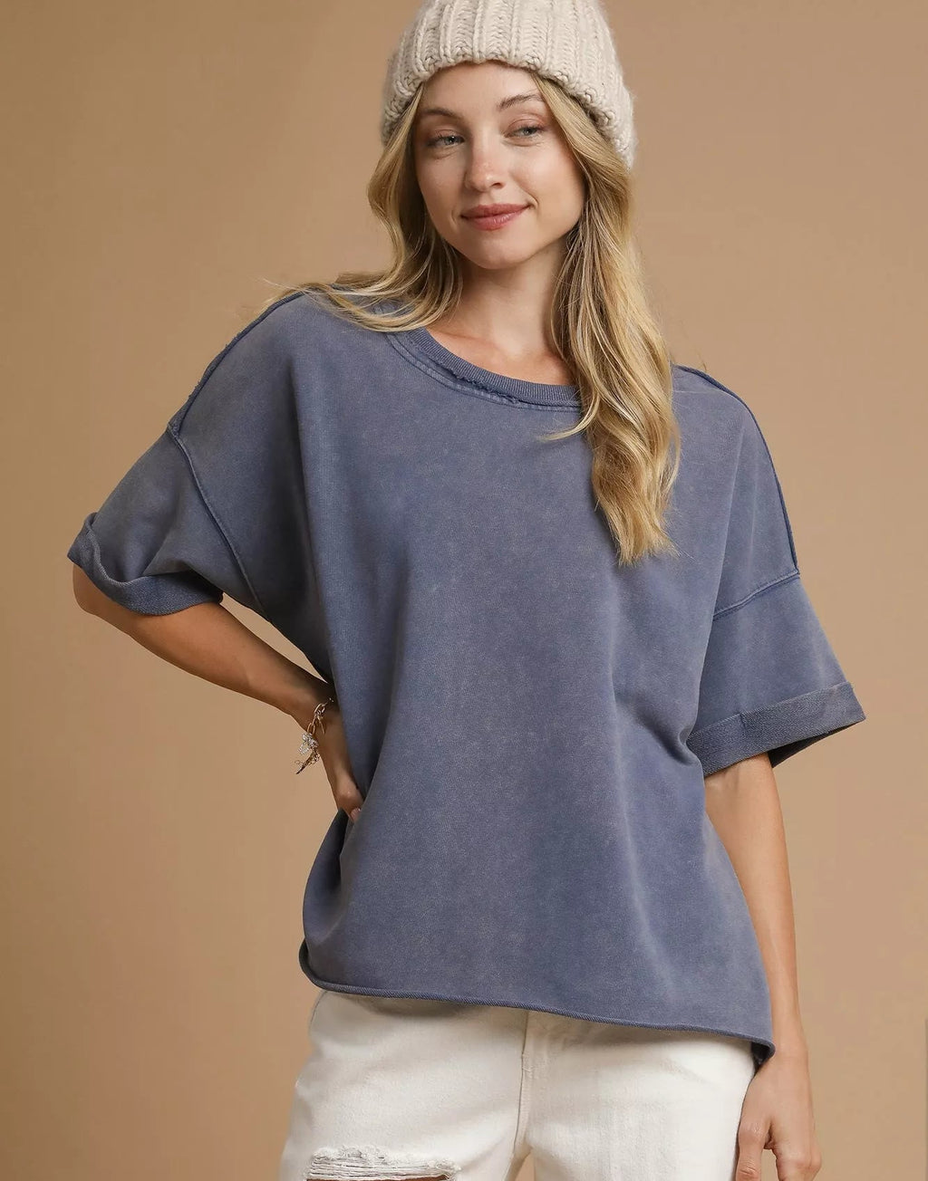 Umgee Womens T-shirt Denim Blue Mineral Wash Round Neck Top Short Sleeve DENIM BLUE Umgee_Womens_T-shirt_Denim_Blue_Mineral_Wash_Round_Neck_Top_Short_Sleeve Trendsi