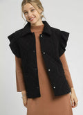 Umgee Womens Vest Corduroy Quilted Black Ruffle Short Sleeve Outwear Black Umgee_Womens_Vest_Corduroy_Quilted_Black_Ruffle_Short_Sleeve_Outwear Trendsi