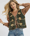 Umgee Womens Vest Olive Mix Patterned Sherpa Tie-Front with Pockets OLIVE MIX Umgee_Womens_Vest_Olive_Mix_Patterned_Sherpa_Tie-Front_with_Pockets Trendsi