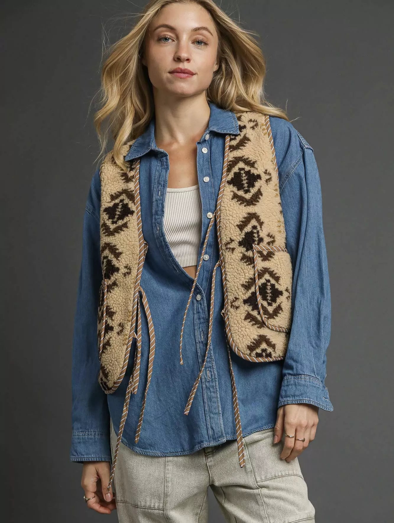 Umgee Womens Vest Sherpa Tie-Front Ecru Mix Geometric Patterned Pocketed ECRU MIX Umgee_Womens_Vest_Sherpa_Tie-Front_Ecru_Mix_Geometric_Patterned_Pocketed Trendsi