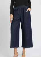 Umgee Womens Wide Leg Jeans Dark Blue Washed Fringe Hem DK. DENIM Umgee_Womens_Wide_Leg_Jeans_Dark_Blue_Washed_Fringe_Hem Trendsi