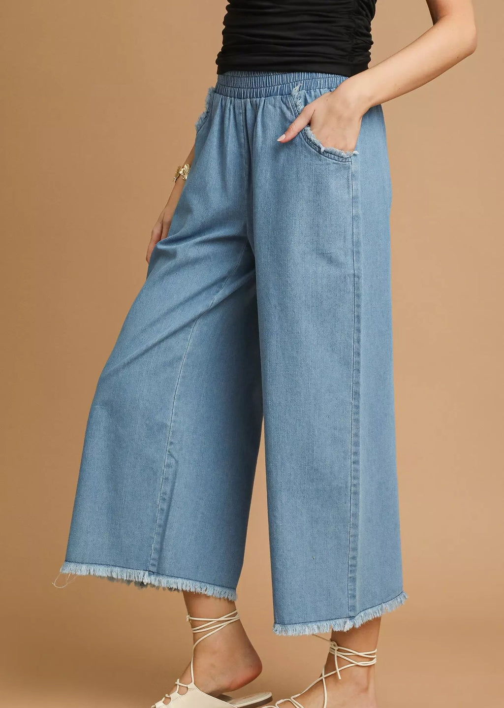 Umgee Womens Wide Leg Jeans Light Blue Washed Fringe Hem Denim Pnats LT. DENIM Umgee_Womens_Wide_Leg_Jeans_Light_Blue_Washed_Fringe_Hem_Denim_Pnats Trendsi