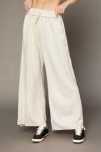 Umgee Womens Wide Leg Pants Ecru Elastic Drawstring Waistband Trousers ECRU Umgee_Womens_Wide_Leg_Pants_Ecru_Elastic_Drawstring_Waistband_Trousers Trendsi