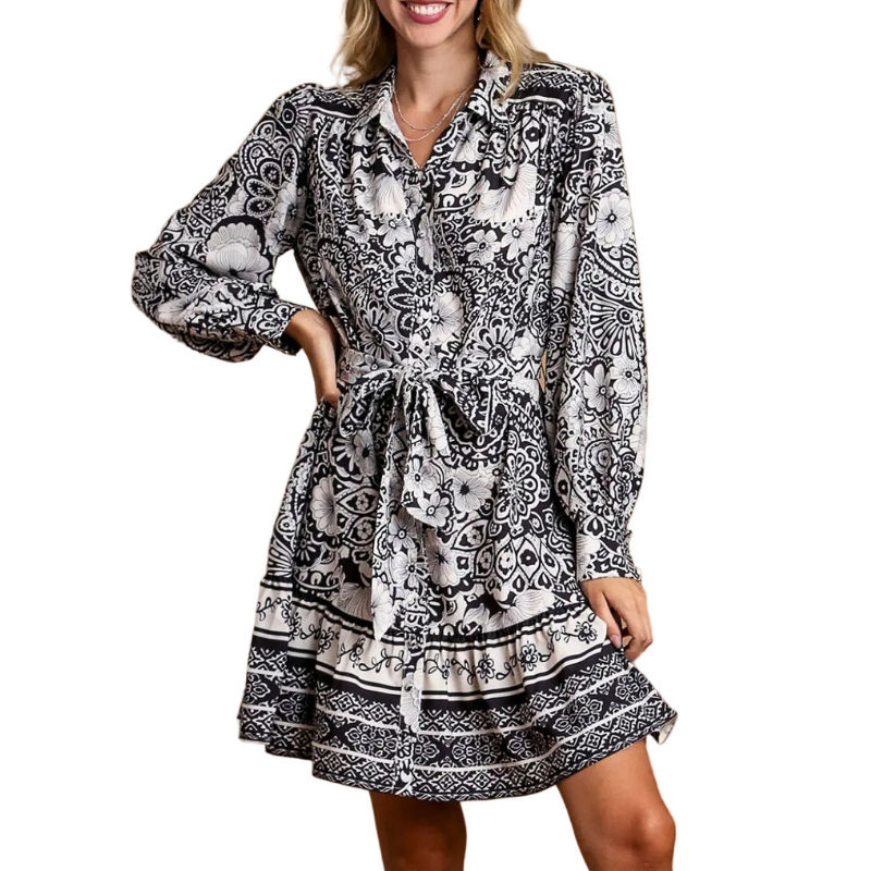 Umgee Mini Dress Black Floral Border Print Tie Waist Long Sleeve Belted
