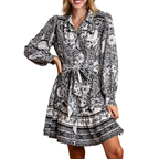 Umgee Mini Dress Black Floral Border Print Tie Waist Long Sleeve Belted