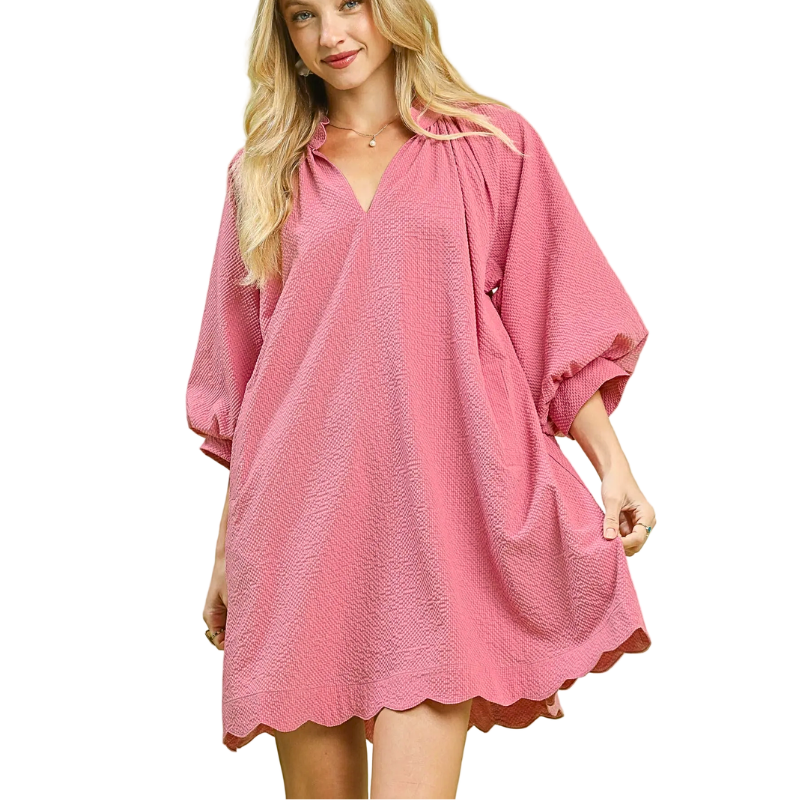 Umgee Textured Mini Dress Oversized V-Neck Balloon Short Sleeves Rose Comfort