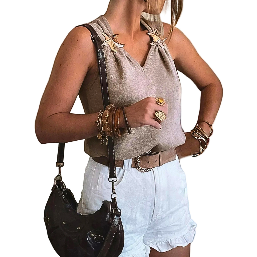 V-Neck Knit Top Sleeveless Starfish Metal Mocha Women's Lightwight Blouse