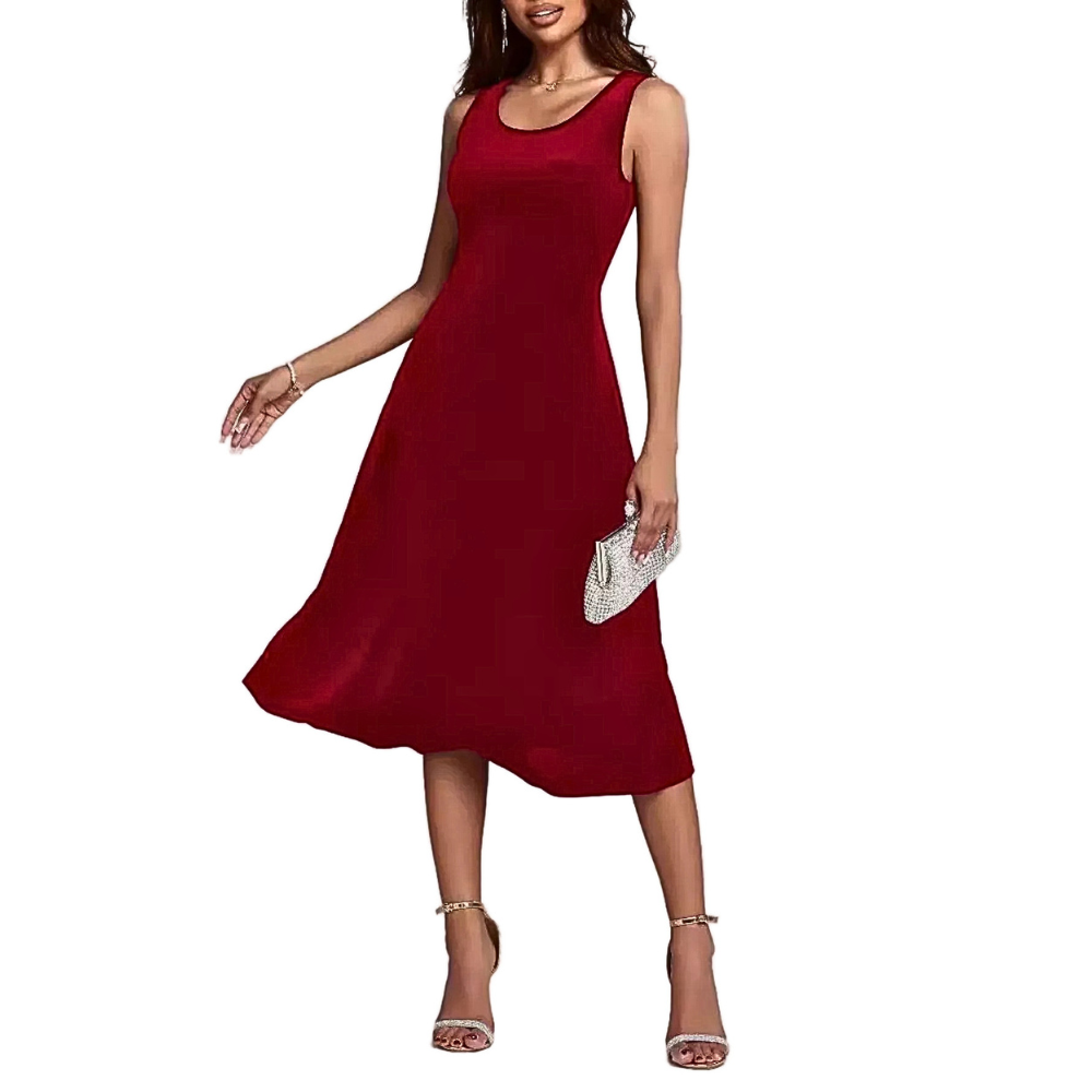 Velvet Midi Dress Round Neck Cotton Sleeveless A-Line Party Elegent Style