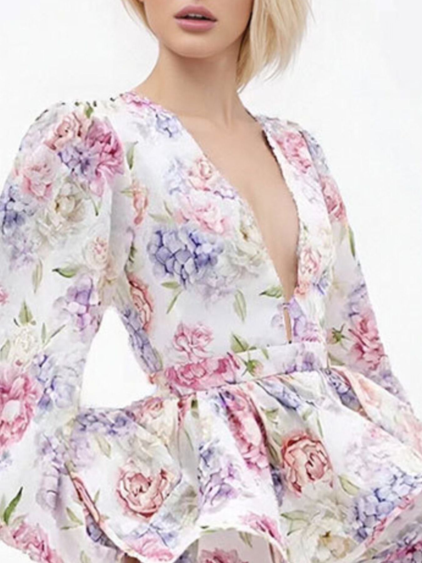 Floral Mini Dress Ruffle Layered V-Neck High Waisted Long Ballon Sleeve Casual