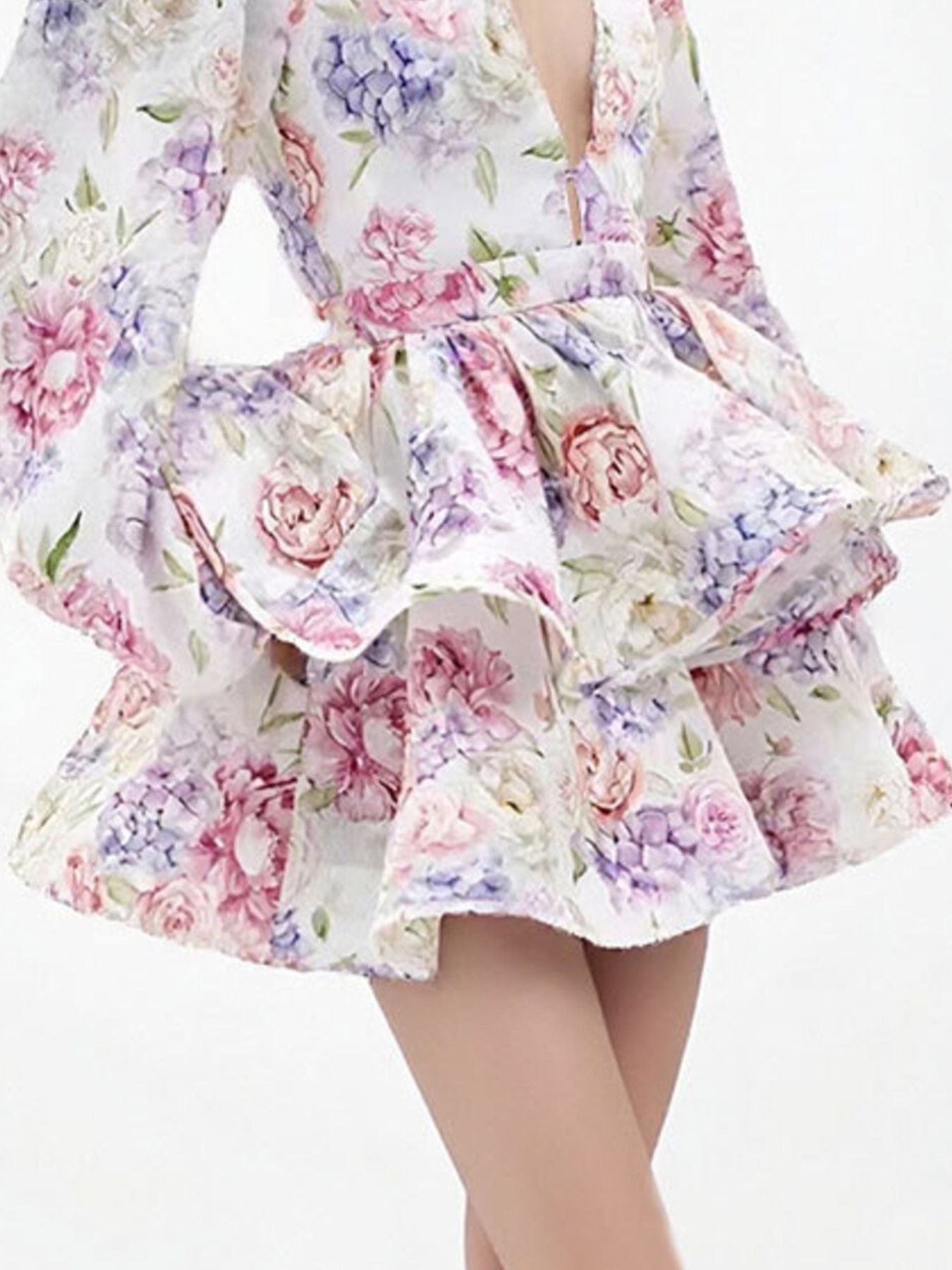 Floral Mini Dress Ruffle Layered V-Neck High Waisted Long Ballon Sleeve Casual
