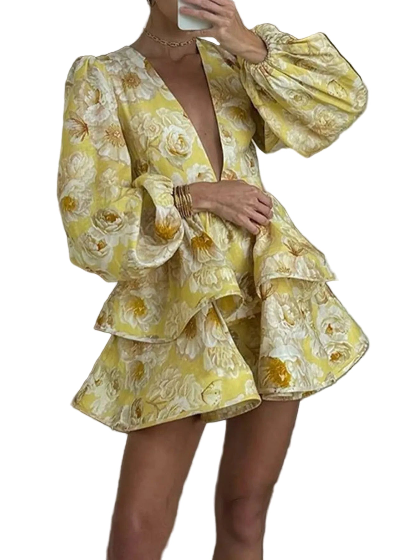 Floral Mini Dress Ruffle Layered V-Neck High Waisted Long Ballon Sleeve Casual
