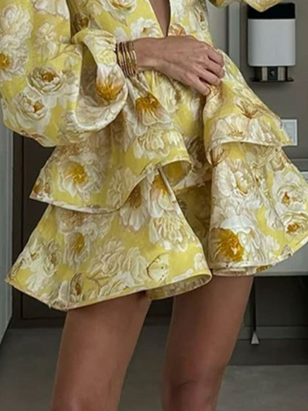 Floral Mini Dress Ruffle Layered V-Neck High Waisted Long Ballon Sleeve Casual