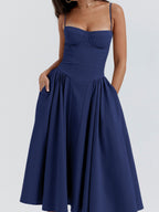 Midikleid mit Rüschen, herzförmigem Ausschnitt, Spaghettiträgern, ärmellos, Empire-Taille
