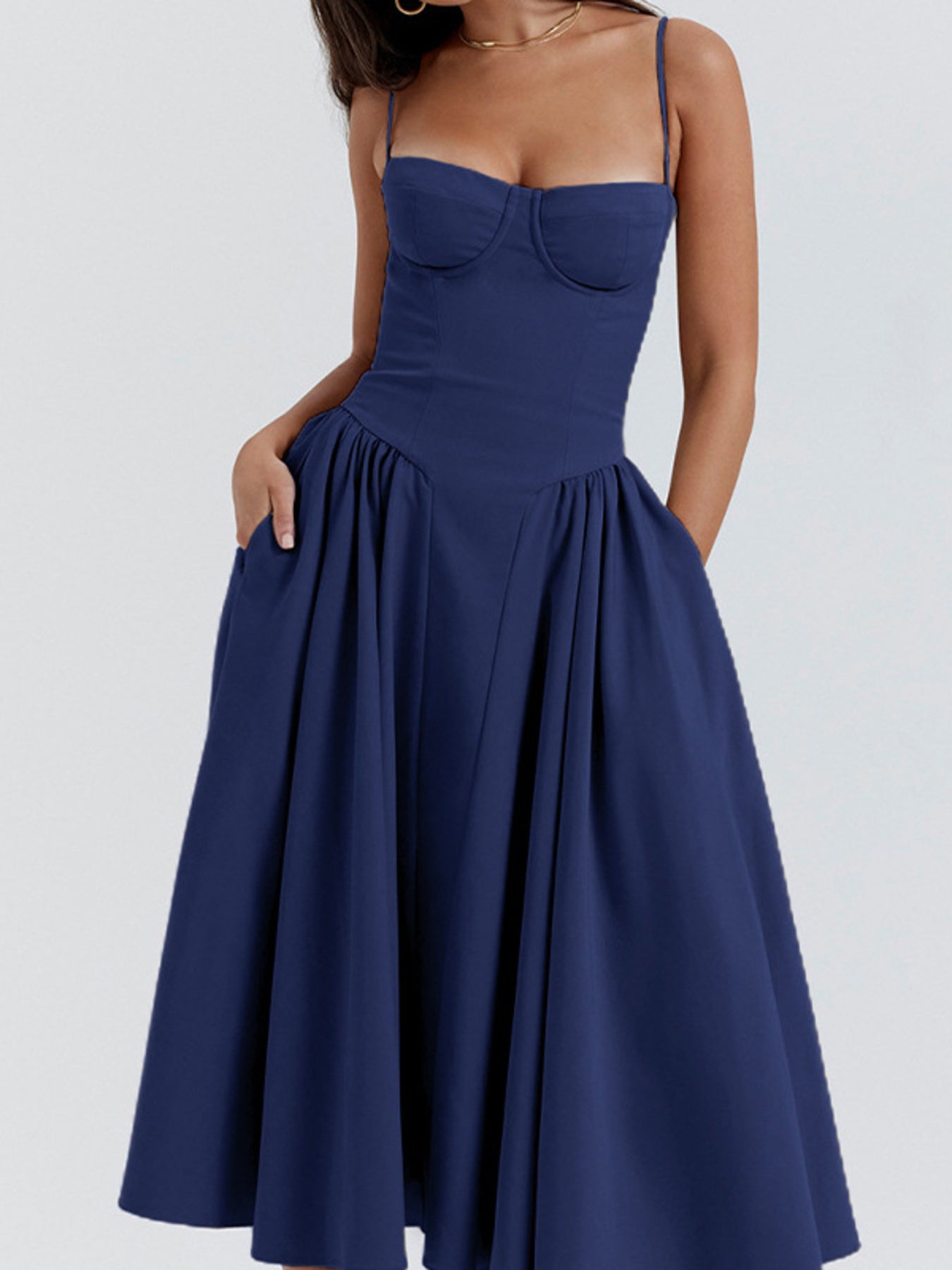 Midi Dress Ruffled Sweetheart Neck Spaghetti Strap Sleeveless Empire Waist