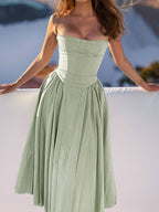Midikleid mit Rüschen, herzförmigem Ausschnitt, Spaghettiträgern, ärmellos, Empire-Taille