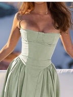 Midikleid mit Rüschen, herzförmigem Ausschnitt, Spaghettiträgern, ärmellos, Empire-Taille