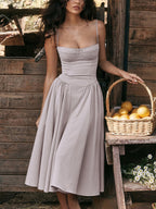 Midikleid mit Rüschen, herzförmigem Ausschnitt, Spaghettiträgern, ärmellos, Empire-Taille