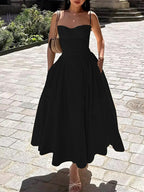 Midikleid mit Rüschen, herzförmigem Ausschnitt, Spaghettiträgern, ärmellos, Empire-Taille
