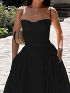 Midikleid mit Rüschen, herzförmigem Ausschnitt, Spaghettiträgern, ärmellos, Empire-Taille