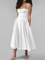 Midikleid mit Rüschen, herzförmigem Ausschnitt, Spaghettiträgern, ärmellos, Empire-Taille