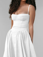 Midikleid mit Rüschen, herzförmigem Ausschnitt, Spaghettiträgern, ärmellos, Empire-Taille