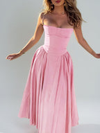 Midikleid mit Rüschen, herzförmigem Ausschnitt, Spaghettiträgern, ärmellos, Empire-Taille