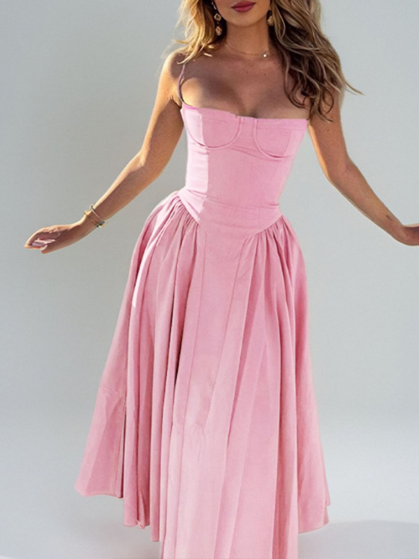 Midi Dress Ruffled Sweetheart Neck Spaghetti Strap Sleeveless Empire Waist