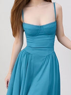 Midikleid mit Rüschen, herzförmigem Ausschnitt, Spaghettiträgern, ärmellos, Empire-Taille