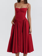 Midikleid mit Rüschen, herzförmigem Ausschnitt, Spaghettiträgern, ärmellos, Empire-Taille