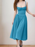 Midikleid mit Rüschen, herzförmigem Ausschnitt, Spaghettiträgern, ärmellos, Empire-Taille