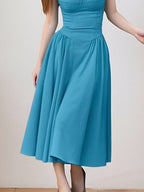 Midikleid mit Rüschen, herzförmigem Ausschnitt, Spaghettiträgern, ärmellos, Empire-Taille