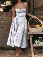 Midikleid mit Rüschen, herzförmigem Ausschnitt, Spaghettiträgern, ärmellos, Empire-Taille
