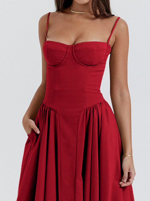 Midi Dress Ruffled Sweetheart Neck Spaghetti Strap Sleeveless Empire Waist